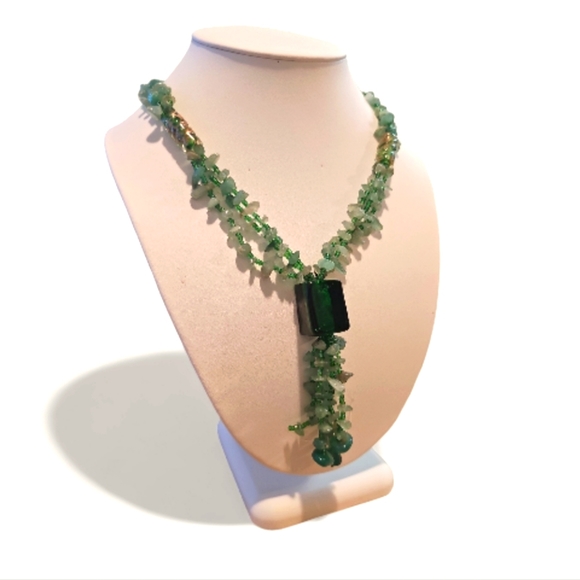 Vintage Jewelry - Chinese Natural Triple Strand Jadine/Aventurine Necklace&Andara Crystal Pendant.